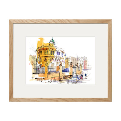 Framed picture of Sheldonian Theatre Oxford. Line and wash painting.